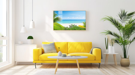 This inviting living room features a bright yellow sofa paired with coastal artwork, creating a cheerful atmosphere. Indoor plants enhance the decor, adding freshness.の素材