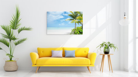 This bright living room features a stunning yellow couch complemented by tropical artwork and lush green plants, creating an inviting and stylish atmosphere.の素材