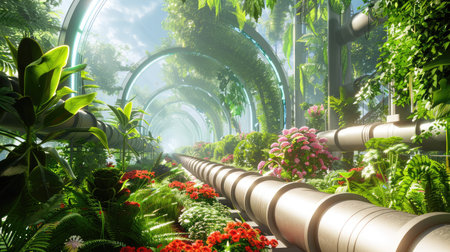 A stunning urban oasis filled with vibrant flowers and lush greenery intertwines with futuristic pipes, creating a serene escape that highlights harmony between nature and technology.の素材