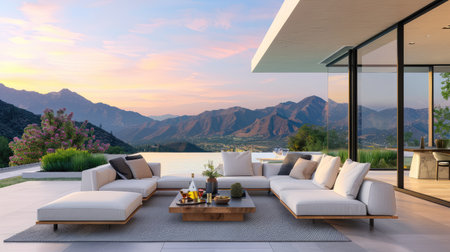 This modern outdoor living space features elegant furniture arranged for relaxation, set against a breathtaking mountain view during sunset, highlighting tranquility and style.の素材