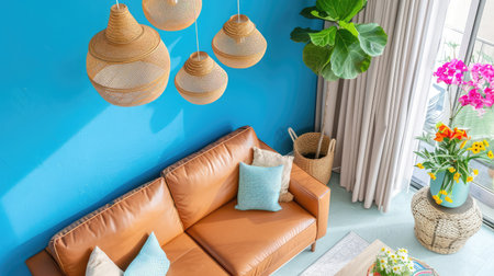 A vibrant and inviting living room showcasing stylish rattan lamps, a cozy brown sofa, and colorful indoor plants, perfect for modern home aesthetics.の素材