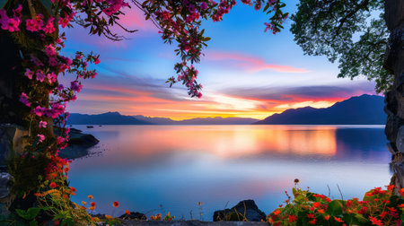 This enchanting sunset scene captures a breathtaking view of a calm lake framed by vibrant flowers, with majestic mountains under a colorful sky.の素材