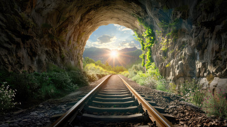 Discover a scenic railway track emerging from a rock tunnel, illuminated by warm sunset light. Lush greenery frames the path, creating a serene escape.の素材