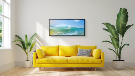 This image showcases a bright and modern living room featuring a vibrant yellow sofa, complemented by indoor plants and ocean wave art, creating a stylish and inviting atmosphere perfect for relaxation and design inspiration.の素材