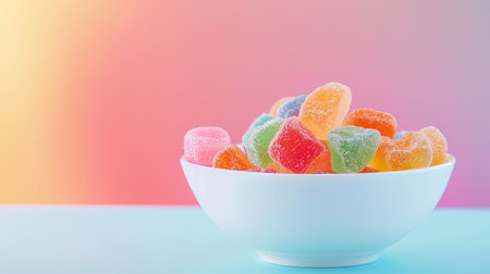 A vibrant display of colorful sugary gummies fills a white bowl, set against a soft gradient background, evoking joy and indulgence. Perfect for celebrations!の素材