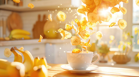 A dynamic image capturing banana chips gracefully falling into a white cup, illuminated by warm sunlight in a cozy kitchen. Ideal for food enthusiasts.の素材