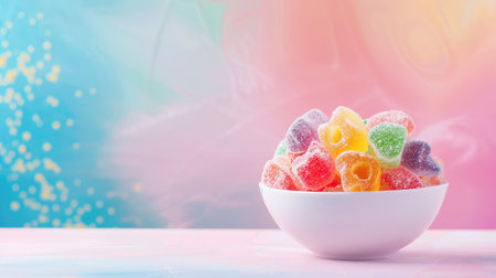 A visually appealing image of colorful fruit-flavored gummies arranged in a white bowl, set against a dreamy pastel background that radiates joy and sweetness.の素材