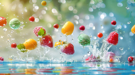 A stunning display of vibrant fruits splashing into the water, capturing the essence of freshness and vitality in a colorful outdoor setting.の素材