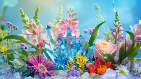 This captivating image features a stunning arrangement of colorful flowers alongside striking blue crystals, set against a soft pastel backdrop, representing nature's beauty.の素材