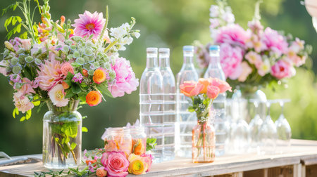 A stunning display of vibrant flower arrangements showcased in glass bottles and jars, perfect for outdoor celebrations and gatherings, radiating beauty and joy.の素材