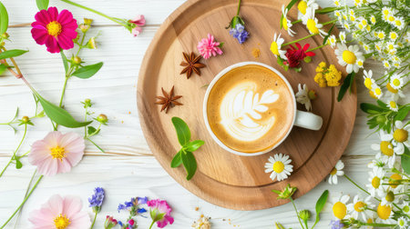 This inviting coffee scene showcases a beautifully crafted latte with intricate art, surrounded by vibrant flowers on a wooden tray, perfect for a spring morning.の素材