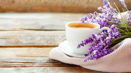 A serene scene featuring a white coffee cup surrounded by fresh lavender flowers, set on a rustic wooden table. Perfect for cozy moments.の素材