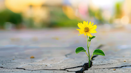 A striking yellow flower emerges from a crack in concrete, representing resilience and hope amid an urban landscape. This image captures beauty and tenacity.の素材