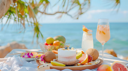Enjoy a delightful summer picnic by the ocean featuring a variety of fresh fruits, refreshing drinks, and a beautiful dessert, perfect for relaxation.の素材