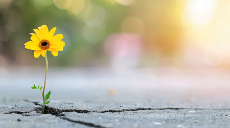 A striking yellow flower thrives in a crack of concrete, symbolizing resilience and hope in nature's beauty against an artistic blurred background.の素材