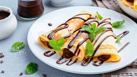 This vibrant image features delectable homemade crepes topped with rich chocolate sauce and fresh mint leaves, ideal for culinary projects.の素材