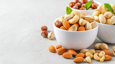 A vibrant display of assorted raw nuts in white bowls creates an appealing visual for healthy eating and culinary creativity. Perfect for snacking.の素材