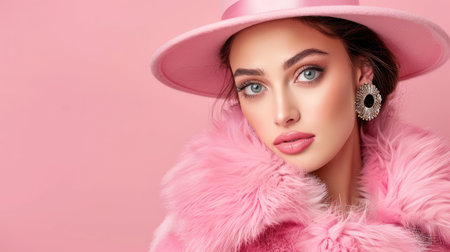 A glamorous model showcases a fashionable pink ensemble, complete with a chic hat and fluffy coat, exuding elegance in a striking pink backdrop.の素材