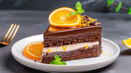 A beautifully presented slice of rich chocolate cake adorned with fresh orange slices and mint leaves, perfect for dessert lovers and celebrations.の素材