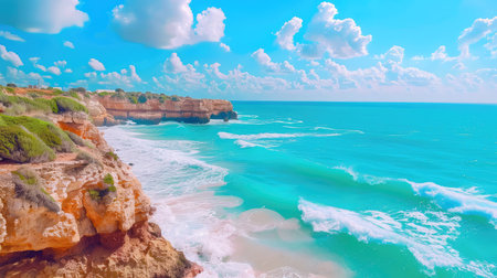 Vivid coastal scene showcasing turquoise waters crashing against dramatic cliffs. Ideal for travel and nature themes, highlighting serene summer vibes.の素材