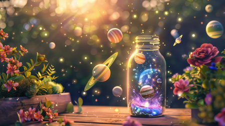 A stunning magical jar showcases planets and cosmic elements, surrounded by colorful flowers, all illuminated by enchanting light, perfect for fantasy themes.の素材