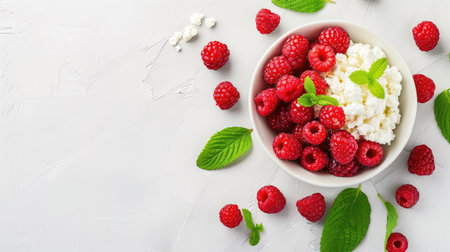 A visually appealing arrangement featuring fresh raspberries served in a bowl with creamy cottage cheese and garnished with mint leaves. Perfect for health-focused recipes.の素材