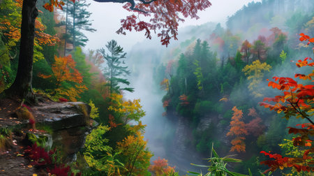 Experience a breathtaking autumn landscape featuring a misty river surrounded by vibrant foliage and serene forest. Perfect for nature lovers and adventure seekers.の素材