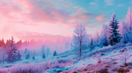 Experience the serene beauty of a winter landscape, featuring frosted trees against a colorful sunset, creating a tranquil atmosphere in a snowy realm.の素材
