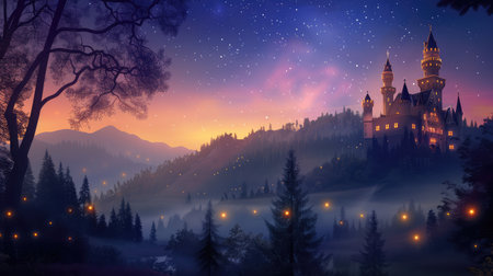 A stunning enchanted castle perched on a mountain, surrounded by a serene forest and vibrant starry sky, creates a magical atmosphere during twilight.の素材