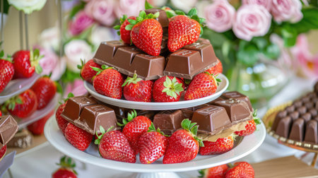 A stunning arrangement of fresh strawberries piled high on white plates alongside smooth chocolate bars, ideal for any festive occasion or sweet indulgence.の素材