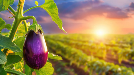 A vibrant eggplant hangs from its plant in a lush vegetable garden as the sun sets, casting warm colors over the landscape, symbolizing growth and harvest.の素材