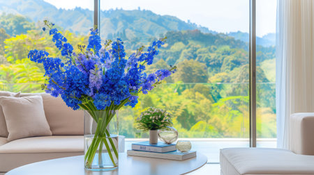 A vibrant arrangement of blue flowers in a clear vase adds a touch of beauty to a modern living room space, framed by a breathtaking mountain view.の素材