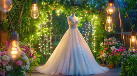 A stunning wedding dress showcases elegance amidst a vibrant garden filled with blooming flowers and soft twinkle lights, creating a romantic atmosphere.の素材