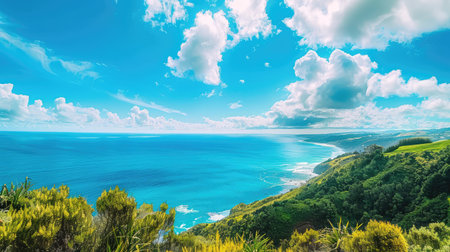 A stunning view of a coastal landscape featuring bright turquoise waters, green hills, and fluffy clouds. This serene scene captures the essence of natureの素材