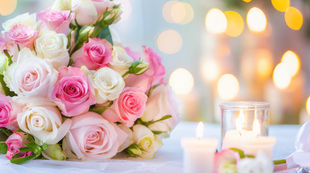 A stunning arrangement of pink and white roses creates a romantic setting, complemented by soft candlelight for a warm ambiance. Perfect for weddings and special occasions.の素材