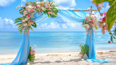 A picturesque beach wedding arch decorated with vibrant flowers and flowing fabrics invites couples to celebrate love under a clear sky by the ocean.の素材