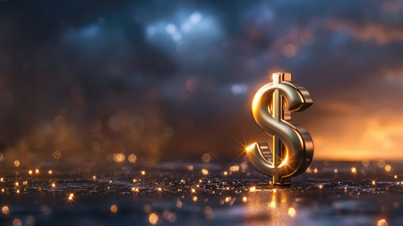 A striking gold dollar symbol stands tall on a sparkling surface, complemented by a dramatic cloudy background. The soft lighting enhances its luxurious appeal.の素材