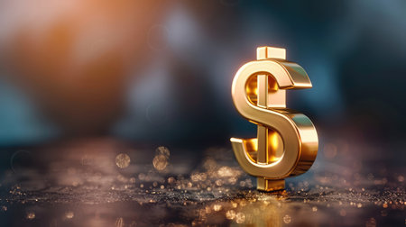 A stunning golden dollar sign stands prominently on a surface glimmering with sparkling light, symbolizing wealth and prosperity in finance.の素材