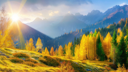 Experience the breathtaking beauty of an autumn landscape featuring vibrant trees and majestic mountains, illuminated by warm sunlight and inviting serenity.の素材