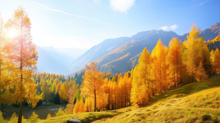 This stunning autumn landscape showcases vibrant golden trees set against majestic mountains and a clear blue sky, inviting adventure and tranquility.の素材