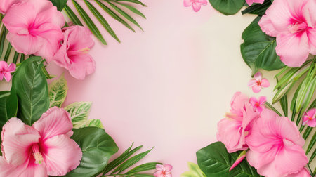 Beautiful arrangement of vibrant pink hibiscus flowers surrounded by green leaves on a soft background, perfect for decoration or artistic projects.の素材