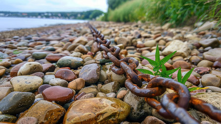 A captivating view of a rusty chain stretching through a bed of colorful pebbles along a peaceful water edge, surrounded by lush greenery.の素材