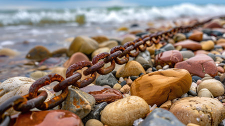 A close-up view of a rusty chain lying among colorful pebbles on a tranquil beach. Gentle waves lap the shore, creating a serene coastal scene that evokes peace and nature.の素材