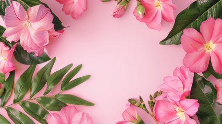 A stunning arrangement of vibrant pink flowers and lush green leaves beautifully frames a soft pink background, perfect for creative projects and designs.の素材