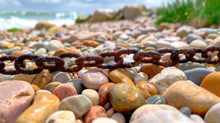 A captivating image showcasing a rusted chain resting on a bed of colorful pebbles by the shore, with gentle waves and greenery enhancing the serene atmosphere.の素材