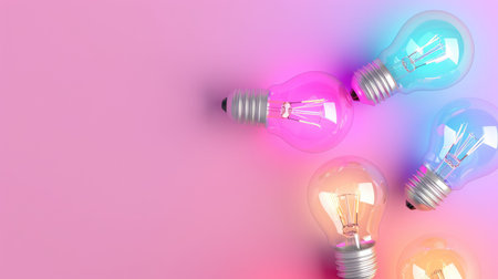 Colorful light bulbs glow against a pink background, creating a whimsical and energetic atmosphere. Perfect for creative projects and vibrant home decor themes.の素材