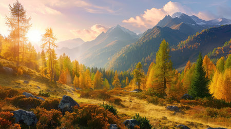 A breathtaking autumn landscape showcasing vibrant trees and majestic mountains bathed in warm sunlight, creating a peaceful and serene outdoor scene.の素材