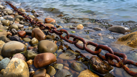 A close-up view of a rusty chain resting among colorful pebbles in shallow water, creating a serene contrast with the blue lake background. The image captures nature's beauty.の素材