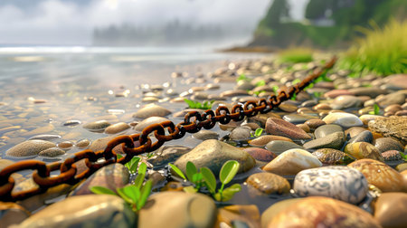 This image captures a rusty chain resting on a rocky shoreline, surrounded by smooth pebbles and green plants, highlighting the tranquility of nature.の素材