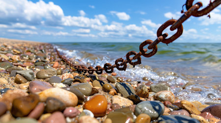 A close-up view of a rusty chain resting on a vibrant pebble beach, with gentle waves lapping the shore under a blue sky filled with clouds, showcasing nature's beauty.の素材